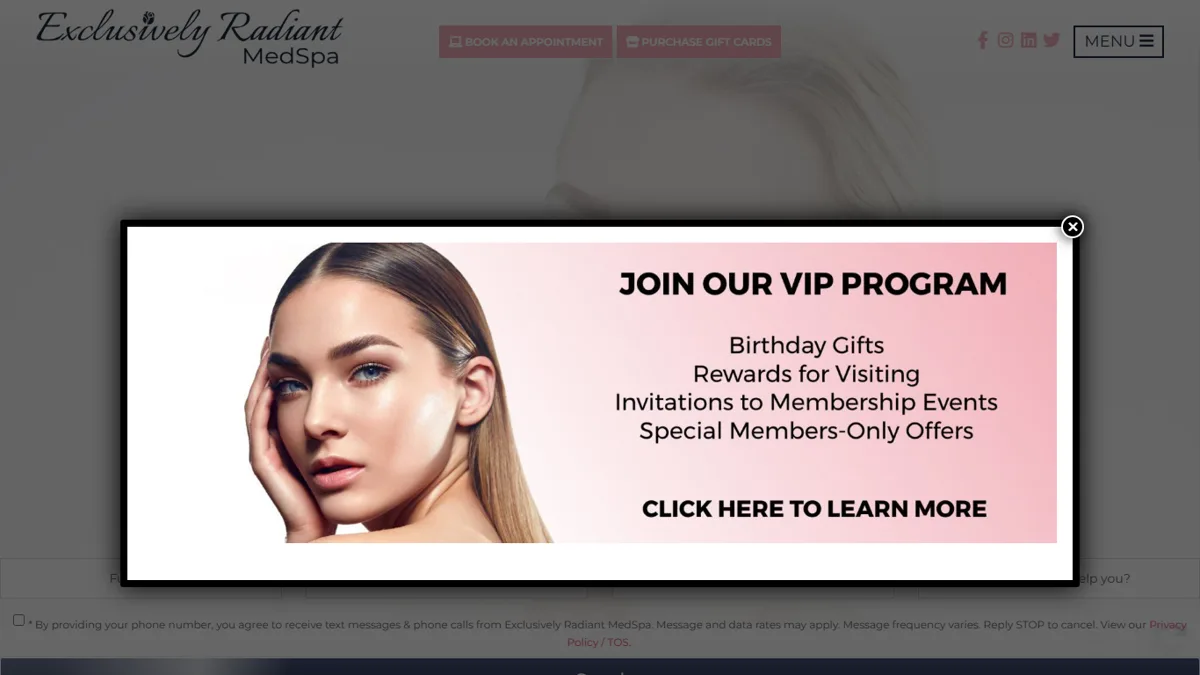 ermedspa.com on a computer: a VIP popup covers the homepage