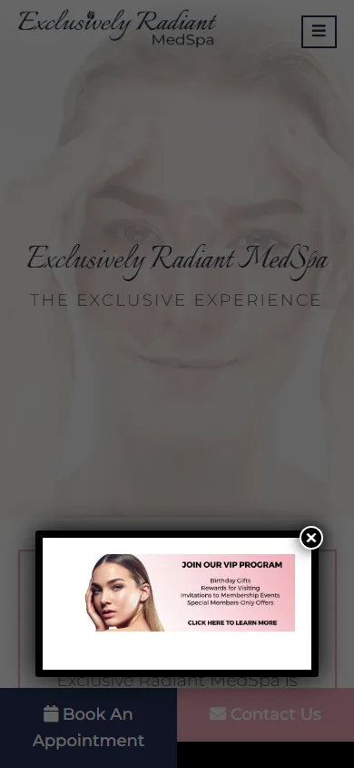 ermedspa.com on a phone: a VIP popup covers the homepage